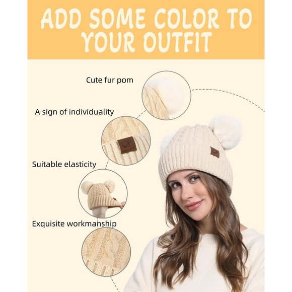 Women\'s Beige with Double Pom Pom Womens Winter Knitted Beanie Hat main image 6